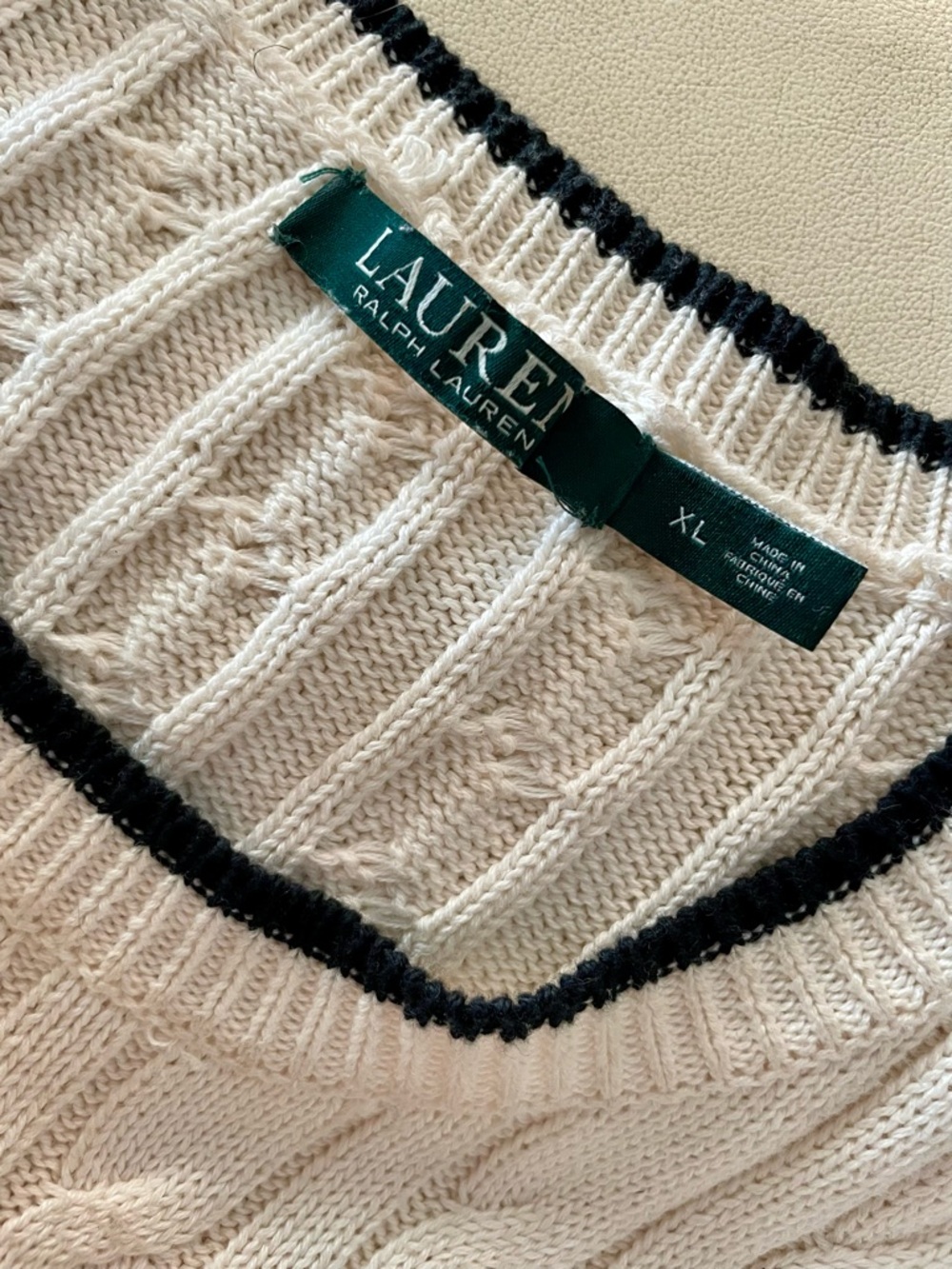 Lauren Ralph Lauren Cable Knit Sweater | 100% Cotton | Cream & Black Trim | XL - Picture 4 of 6